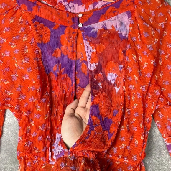 Free People Blouse Womens Small Red Floral Sheer Artsy Boho Ruffle Watercolor - Picture 10 of 14
